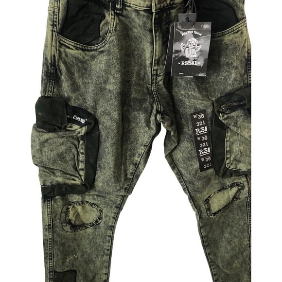 Men's R3BEL Skinny Jeans Denim Distressed Fashion Cargo Pockets Size 36 / 32L - Picture 5 of 9